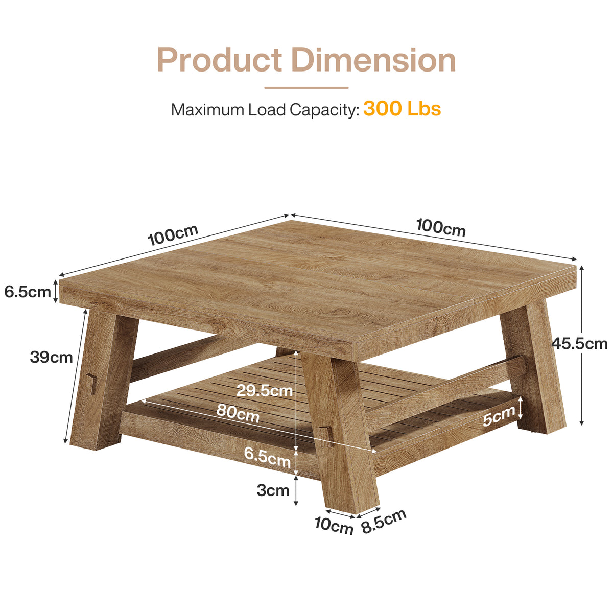 99cm Square Coffee Table, Farmhouse 2-Tier Slatted Storage Shelf