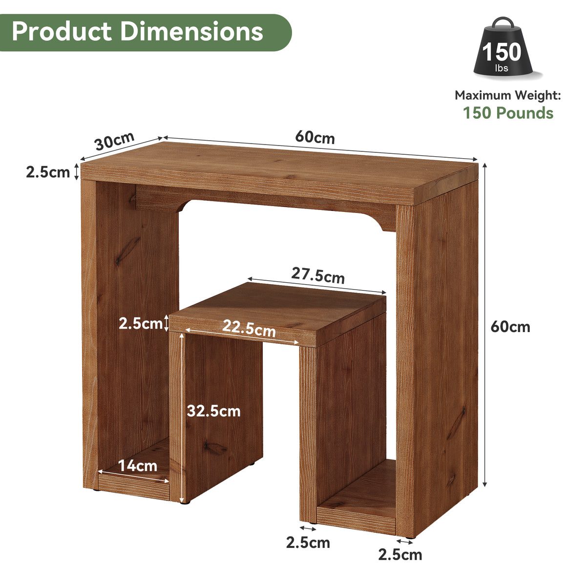 60cm Side Table, U-Shaped Solid Fir Wood Farmhouse Accent Table for Living Room