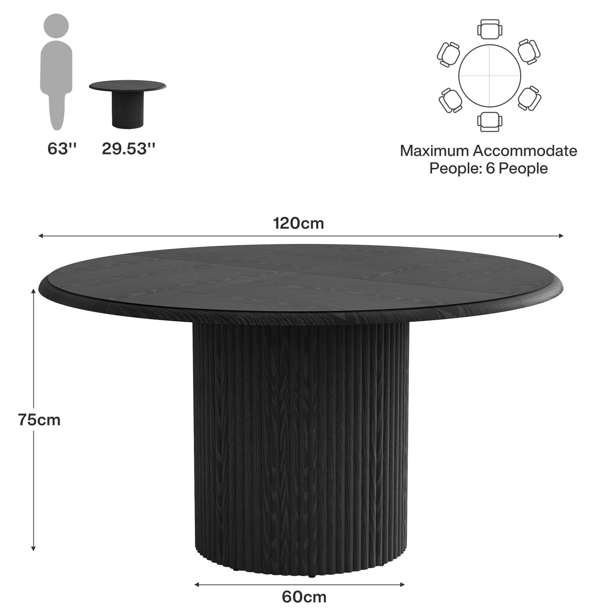 120cm Round Dining Table, Modern Kitchen Table for 4-6 with Metal Base