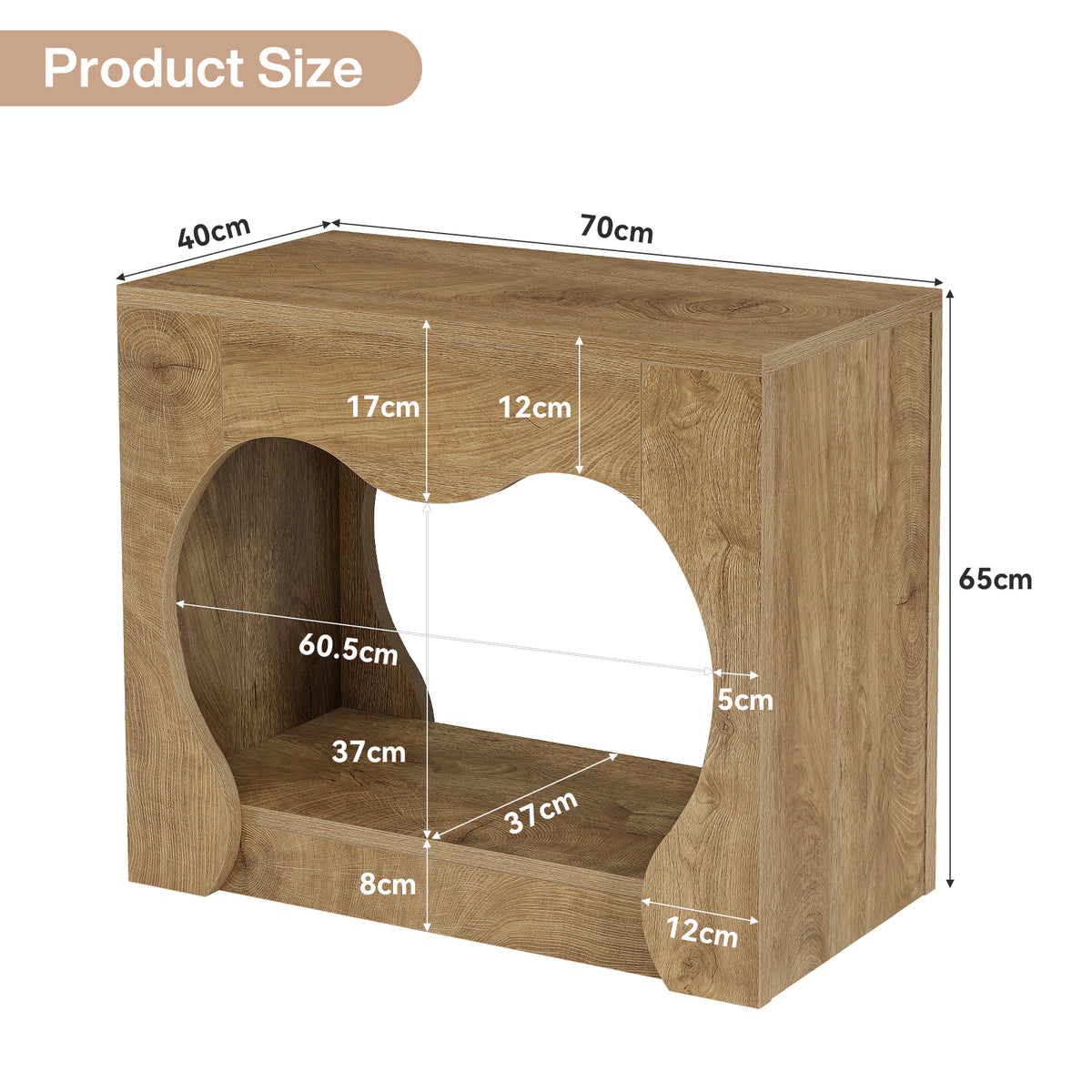 60cm End Table, 2-Tier Farmhouse Side Table with Storage Shelves & Curved Arch