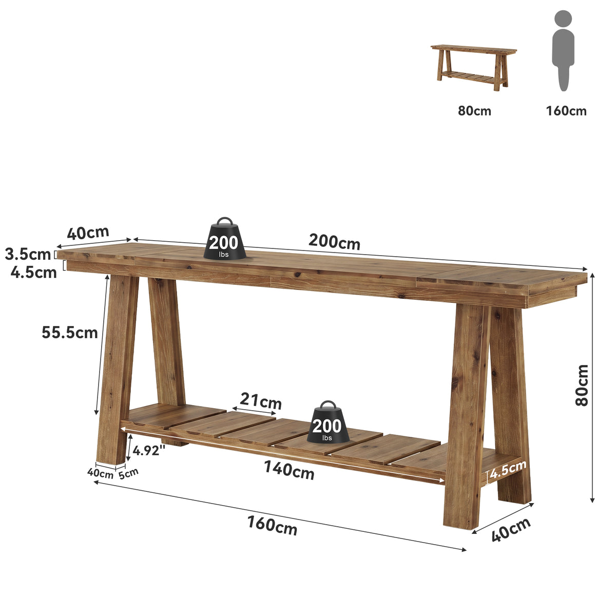 200cm Console Table, Long Farmhouse Entryway Table with 2-Tier Storage Shelf