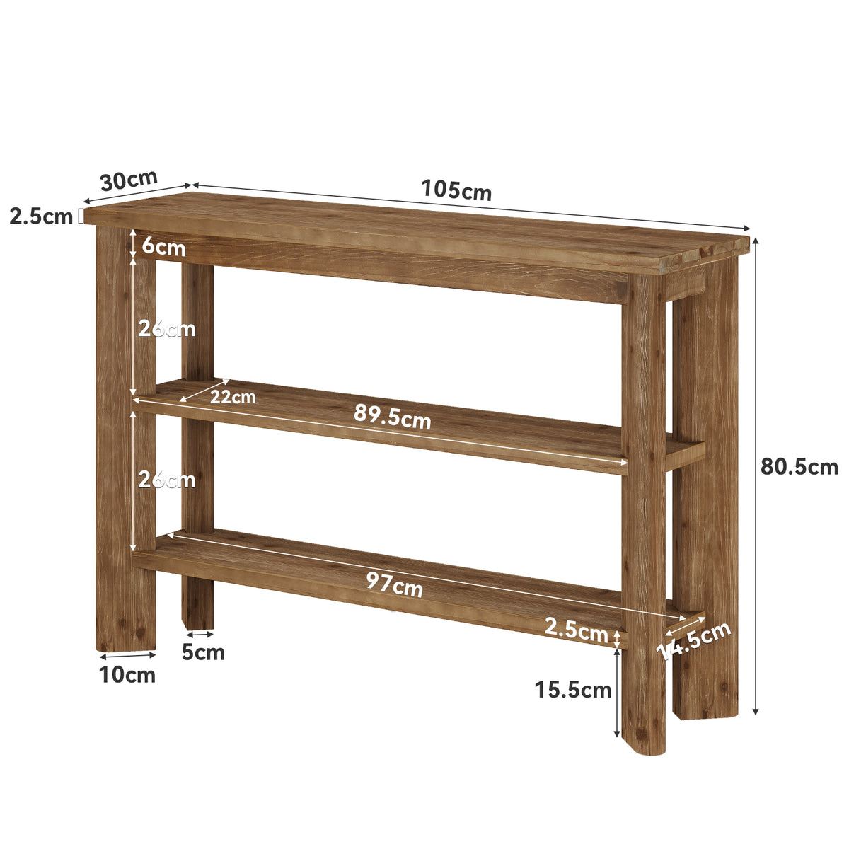 104cm Console Table, 3-Tier Solid Wood Entryway Sofa Table