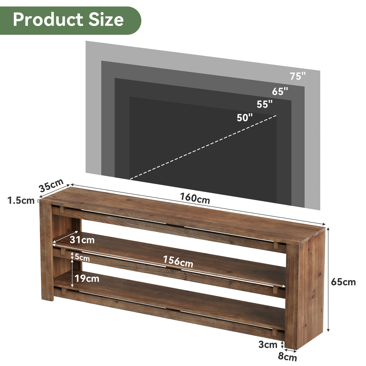 160cm TV Stand, Solid Wood 3-Tier Console with Storage for TVs up to 75"