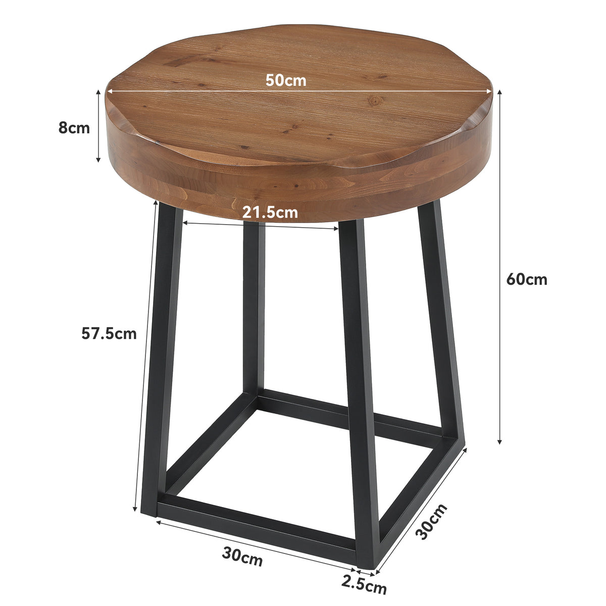 50cm Round End Table, Solid Wood Live Edge Side Table with Metal Base for Living Room