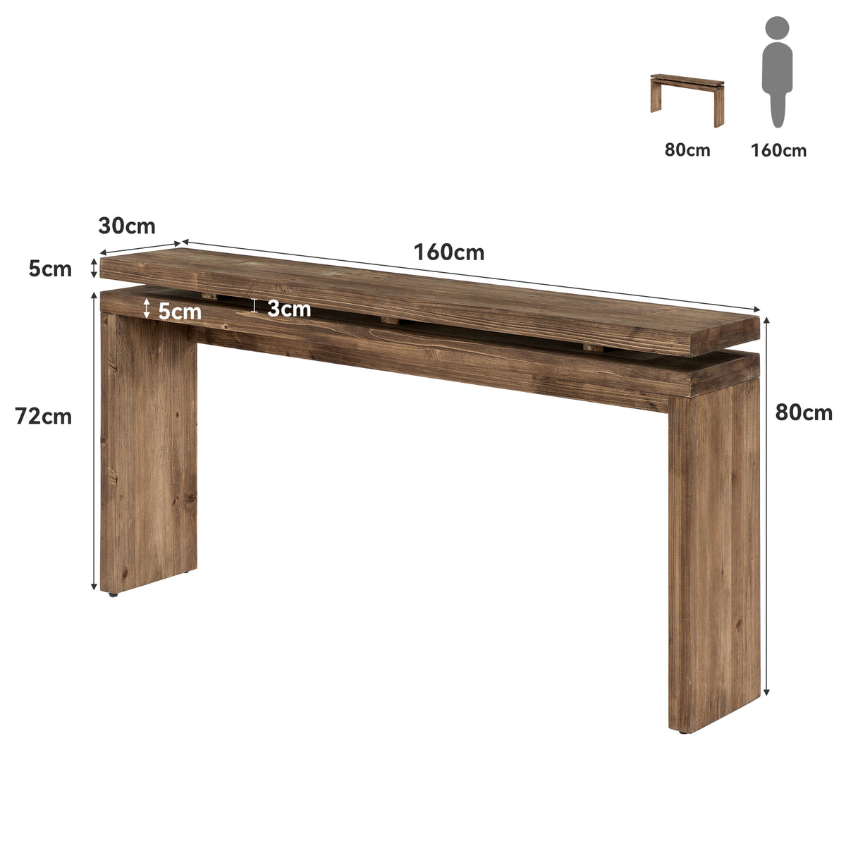 160cm Console Table, Solid Wood Narrow Rustic Hallway Table