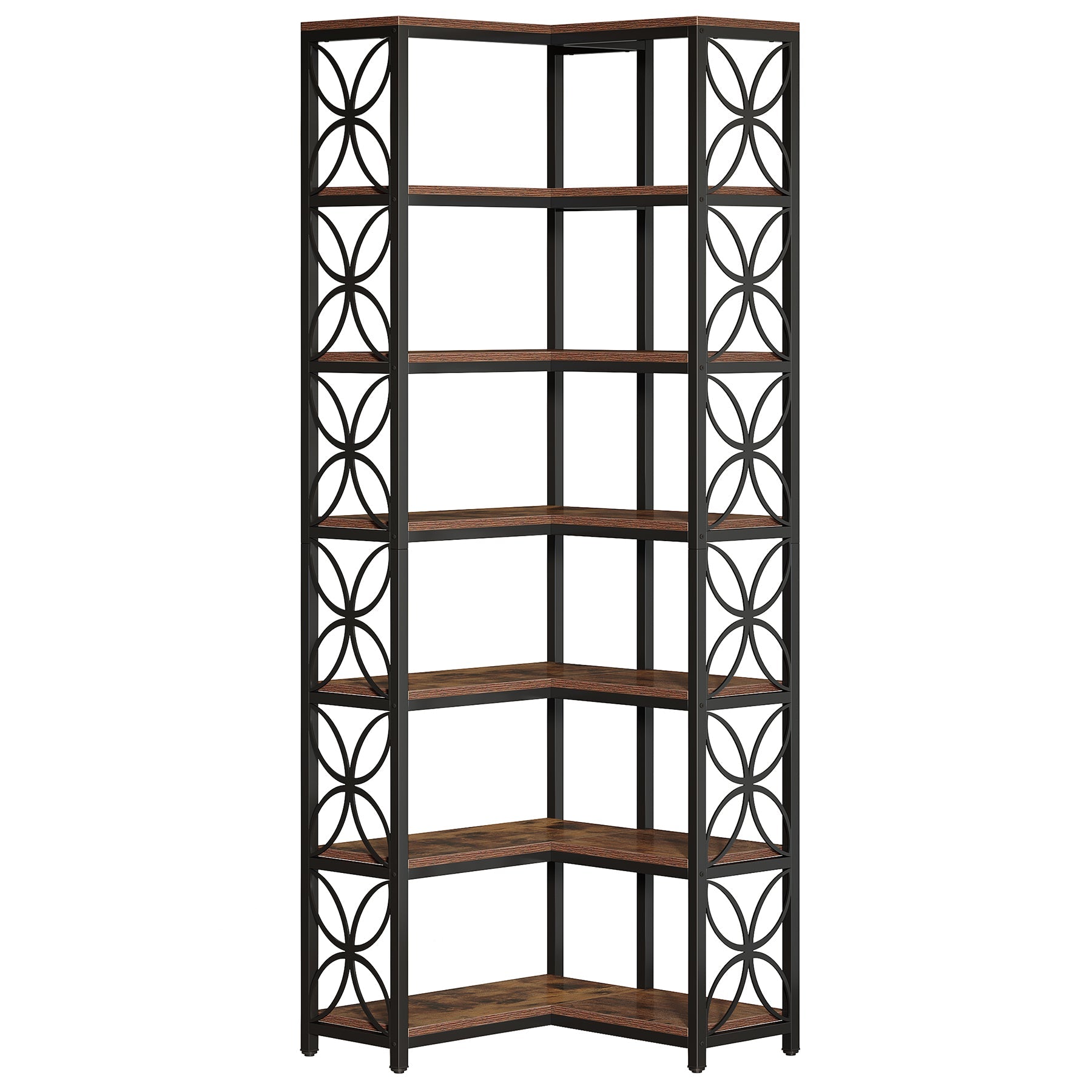 79" 7-Tier L-Shaped Corner Bookshelf, Tall Wood Bookcase with Metal Frame for Living Room or Office