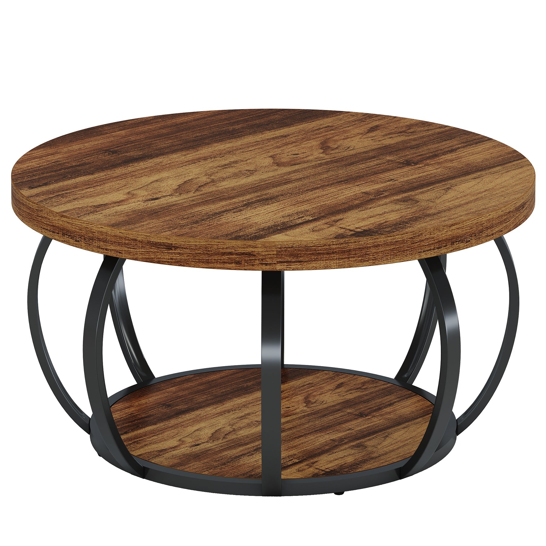 31.5" Round Coffee Table, 2-Tier Farmhouse Center Table with Wood & Black Metal for Living Room