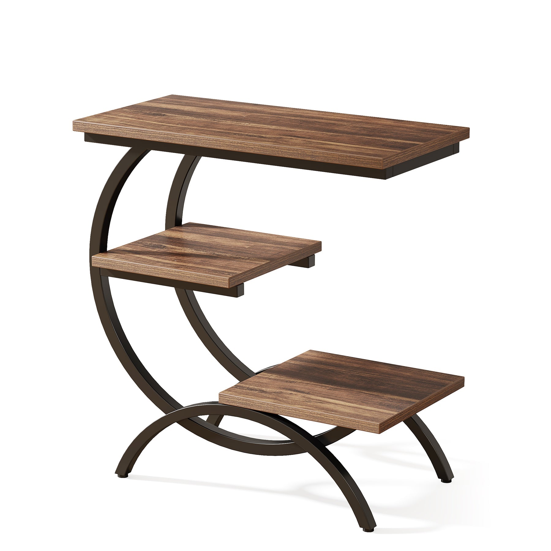 23.62" Industrial Brown Oak Side Table, Black Metal C-Frame & 3 Shelves