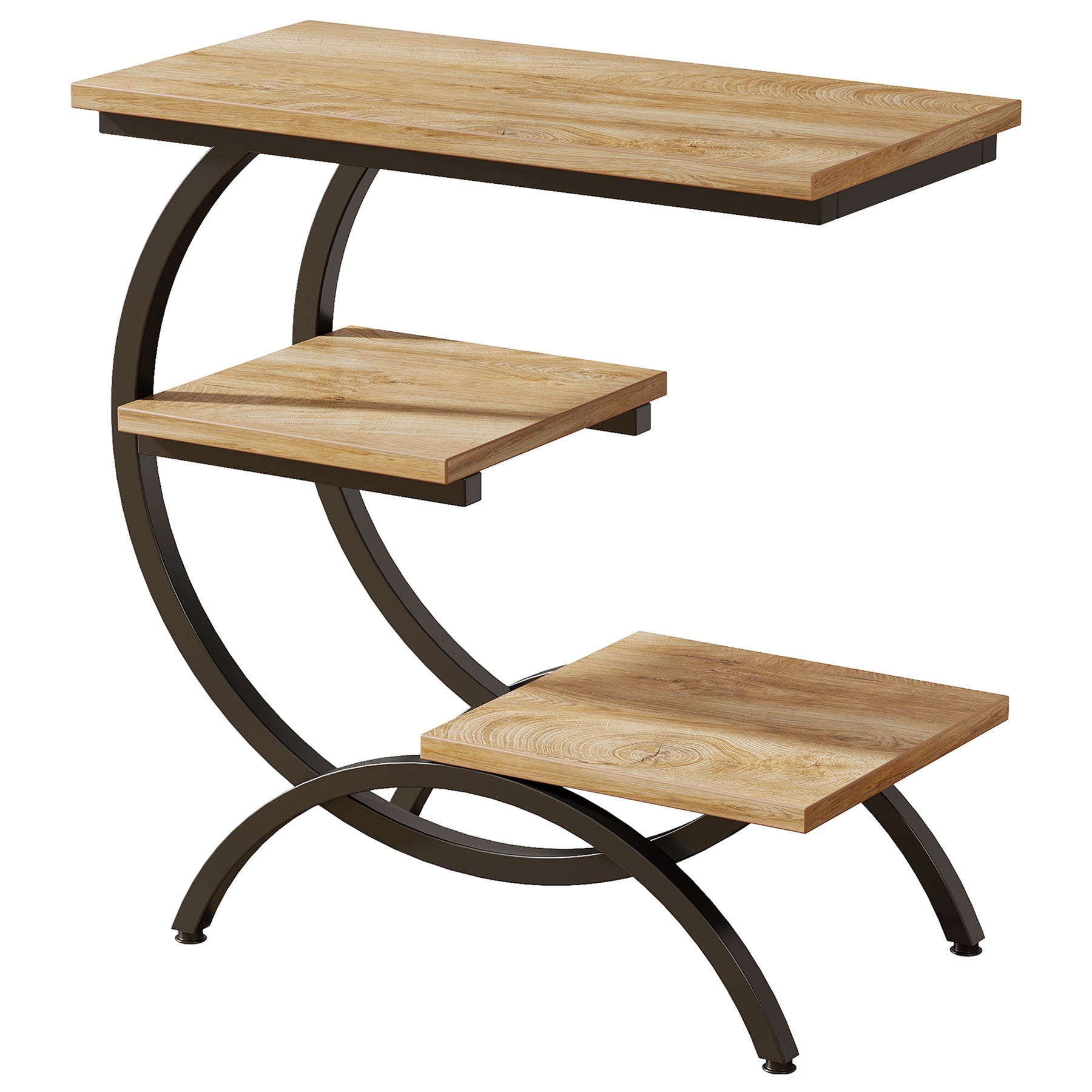 23.62" Industrial Brown Oak Side Table, Black Metal C-Frame & 3 Shelves