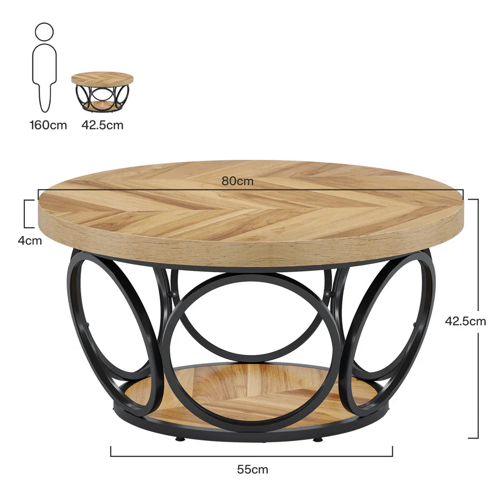 Farmhouse Coffee Table, Round Center Table with 2 Storage Shelves