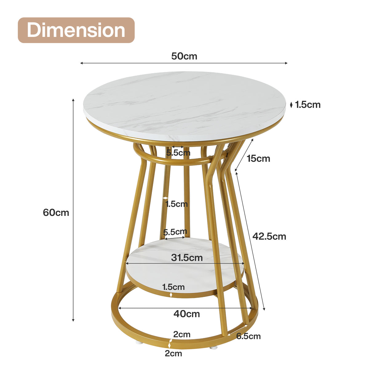 45cm Round End Table, 2-Tier Accent Side Table with Faux Marble Veneer & Metal Frame