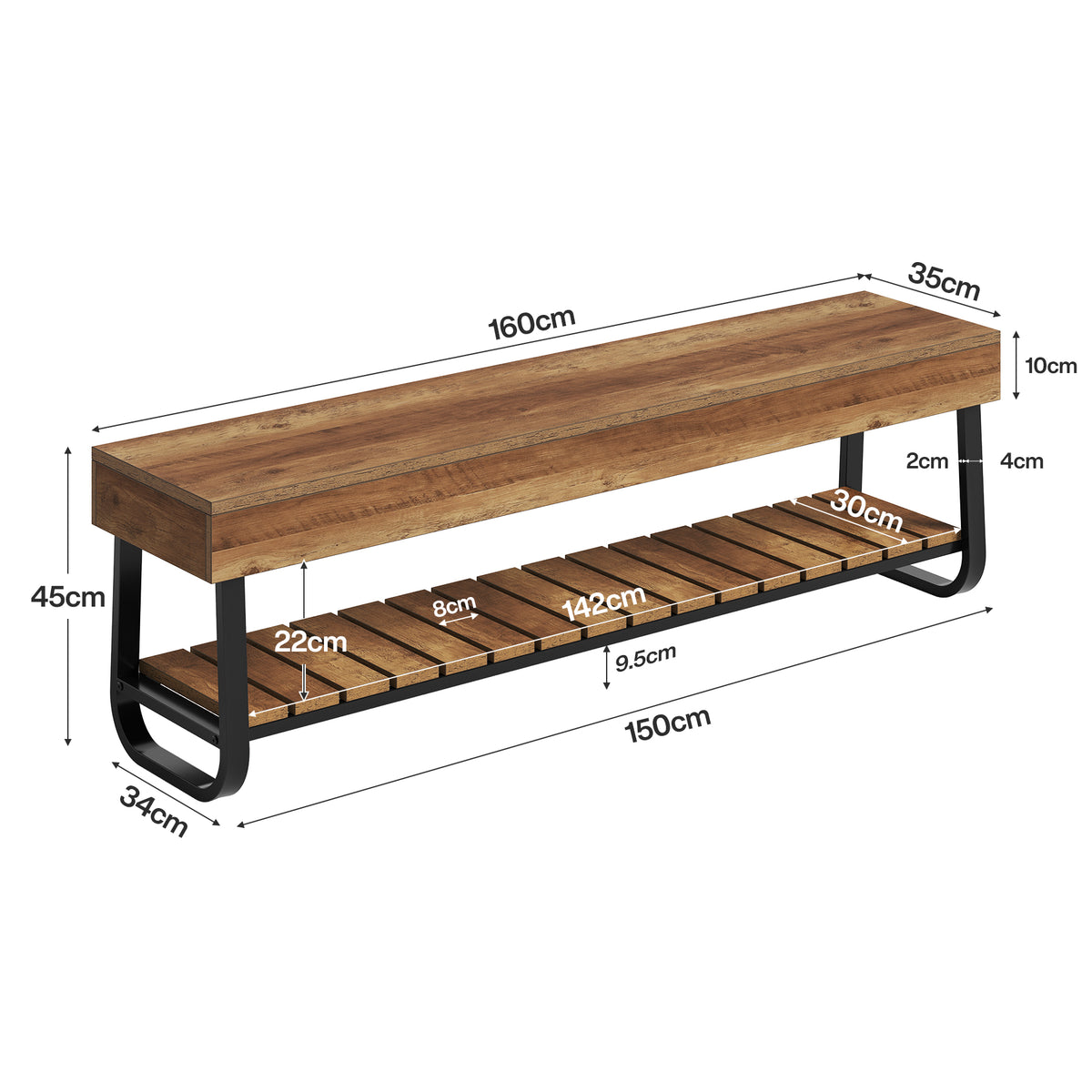 160cm Entryway Bench, Industrial Shoe Bench with Slatted Storage for 2-3