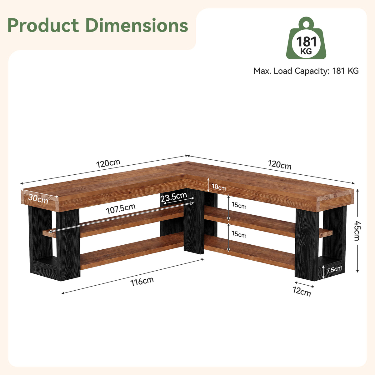 120cm L-Shaped Corner Bench, 3-Tier Solid Wood Entryway Bench for Hallway Mudroom