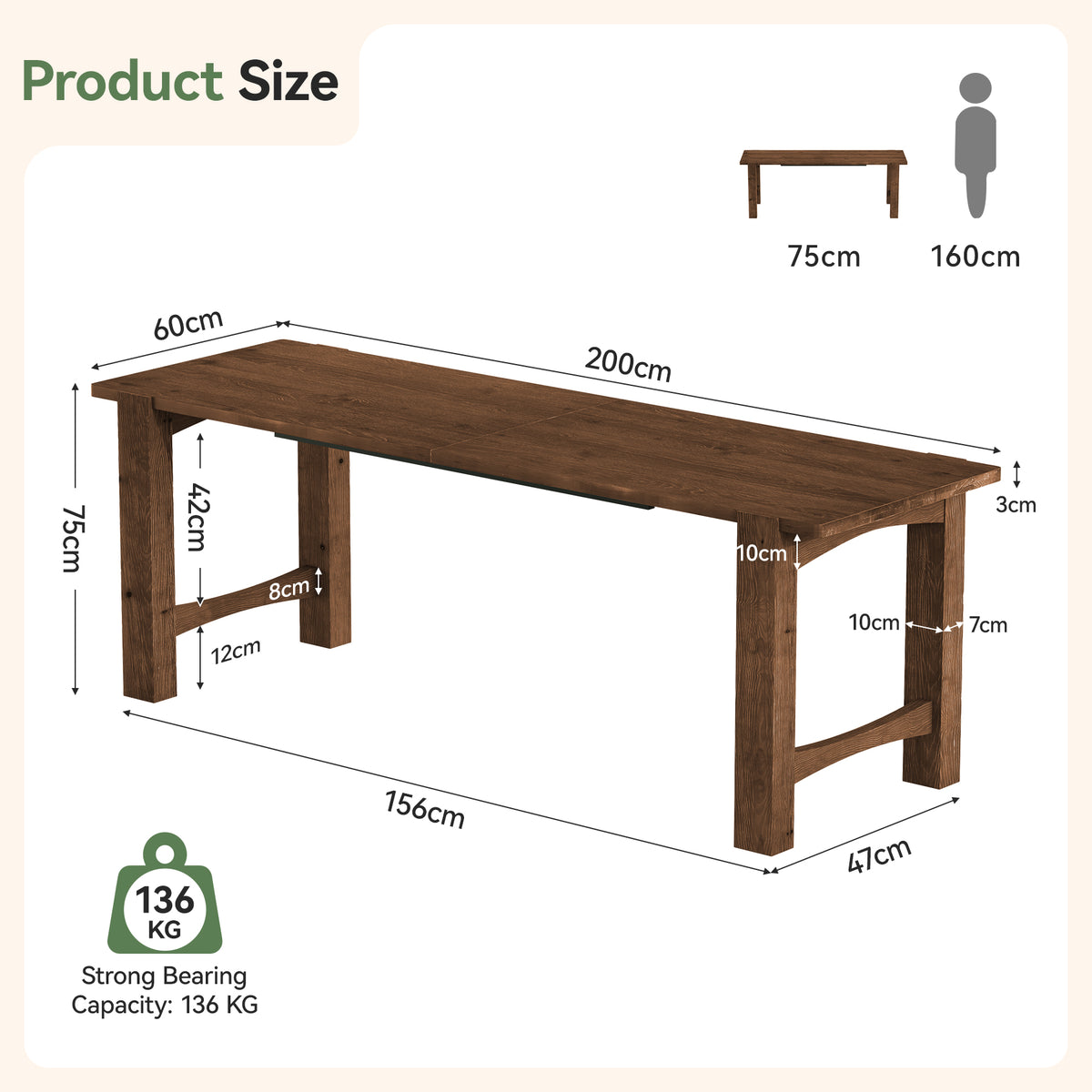 200cm 2-Person Computer Desk, Farmhouse Solid Wood with Thick Legs for Home Office