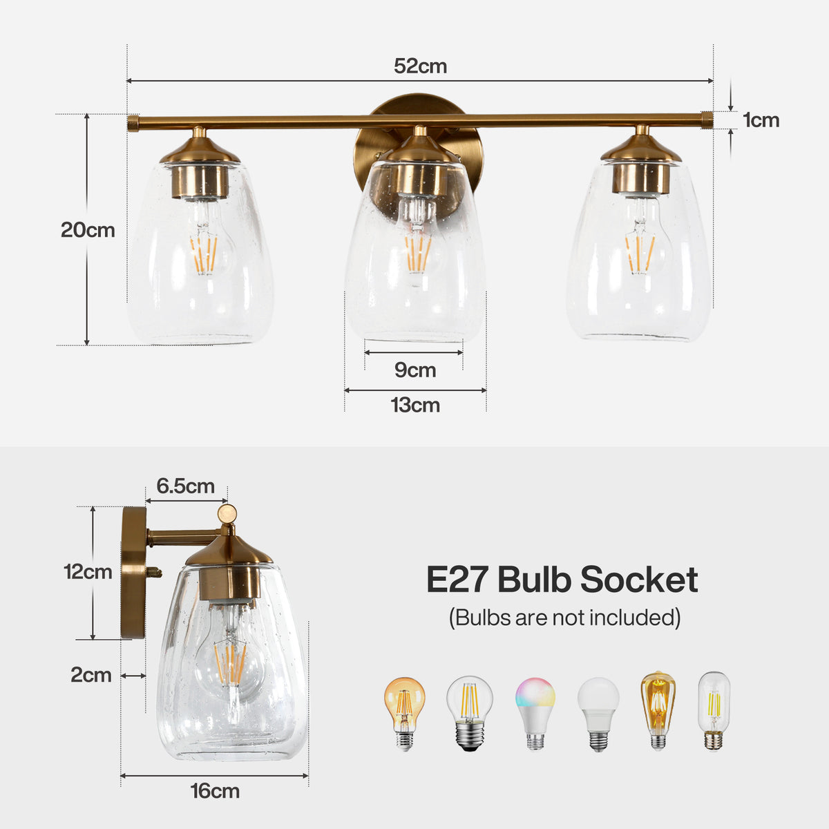 3-Light Gold Bathroom Vanity Light, Clear Glass Wall Sconce