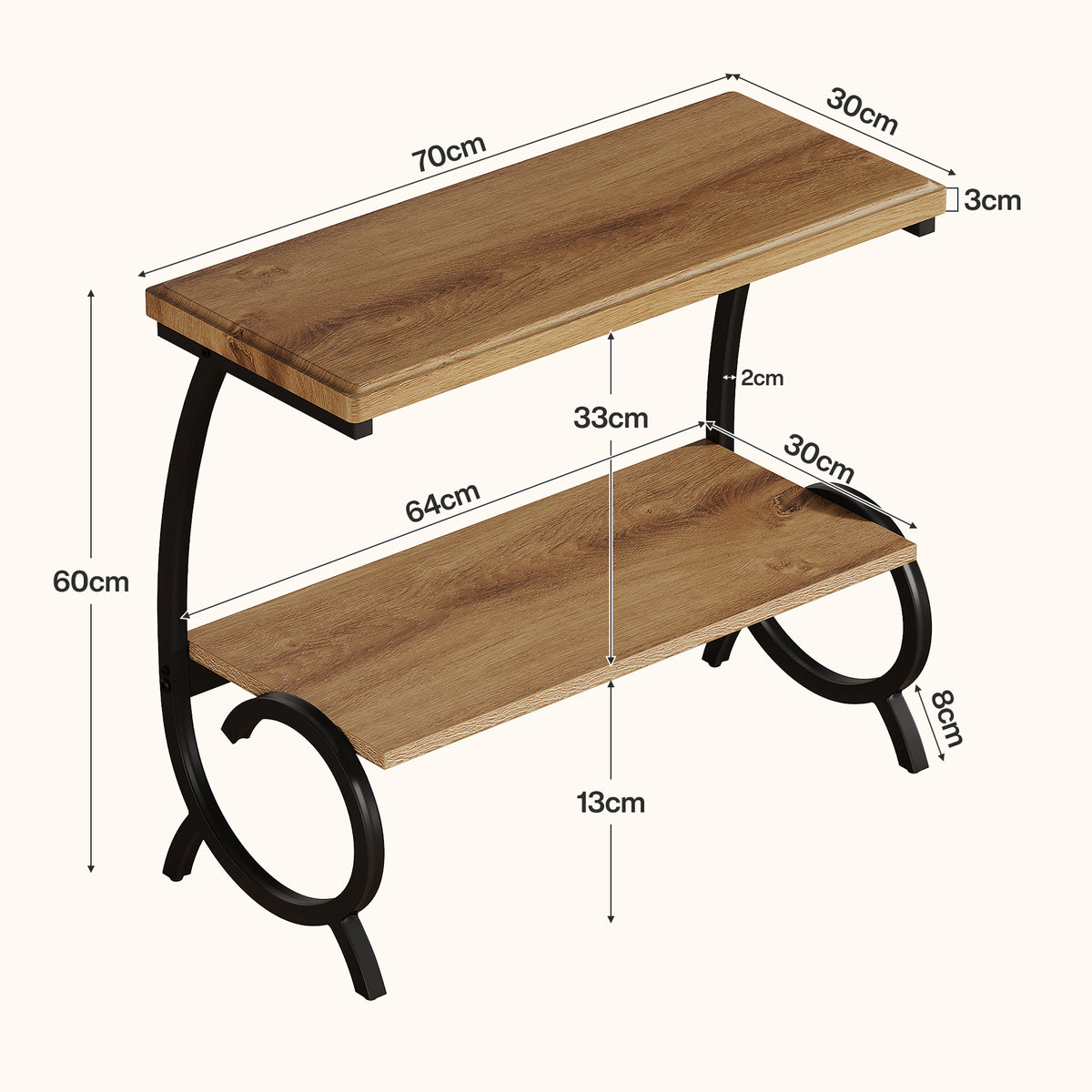 60cm Narrow Side Table, 2-Tier Bedside Table with J-Shaped Metal Frame for Living Room Bedroom