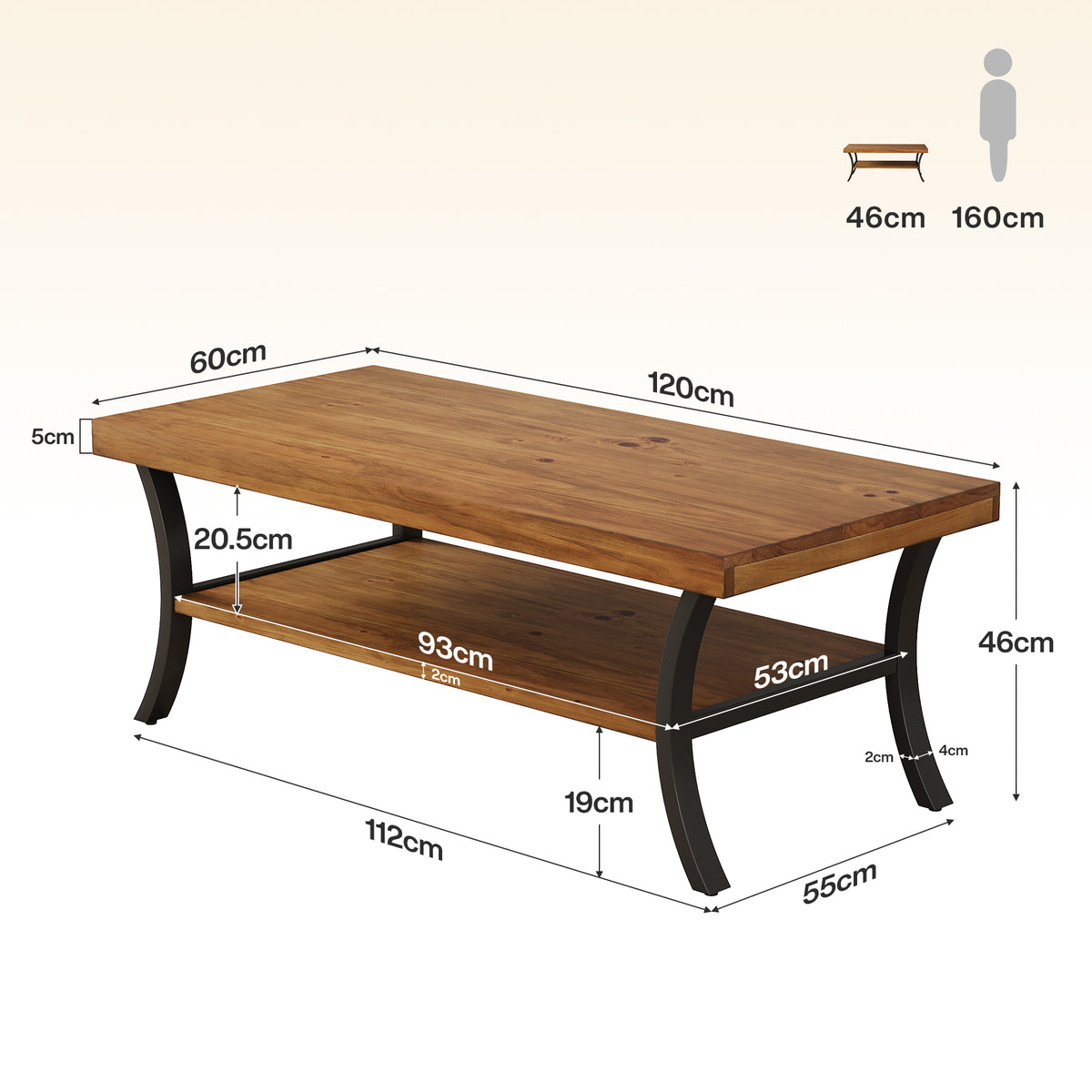 120cm Coffee Table, 2-Tier Solid Wood Farmhouse Centre Table with Storage Shelf