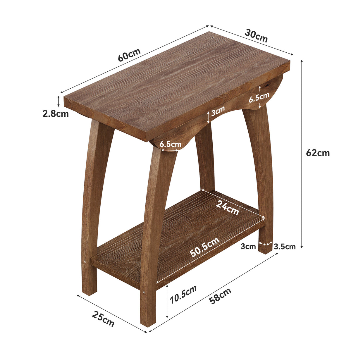 60cm End Table, Farmhouse Solid Wood Side Table with Lower Shelf for Living Room