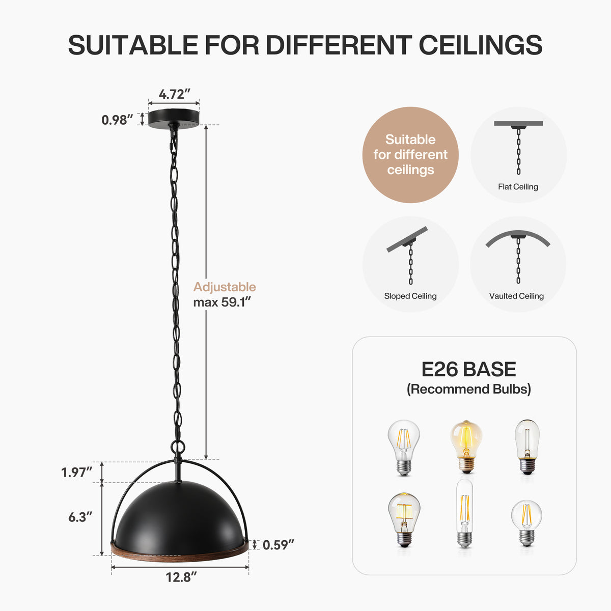 13" Industrial Pendant Light, Black Metal Hanging Light