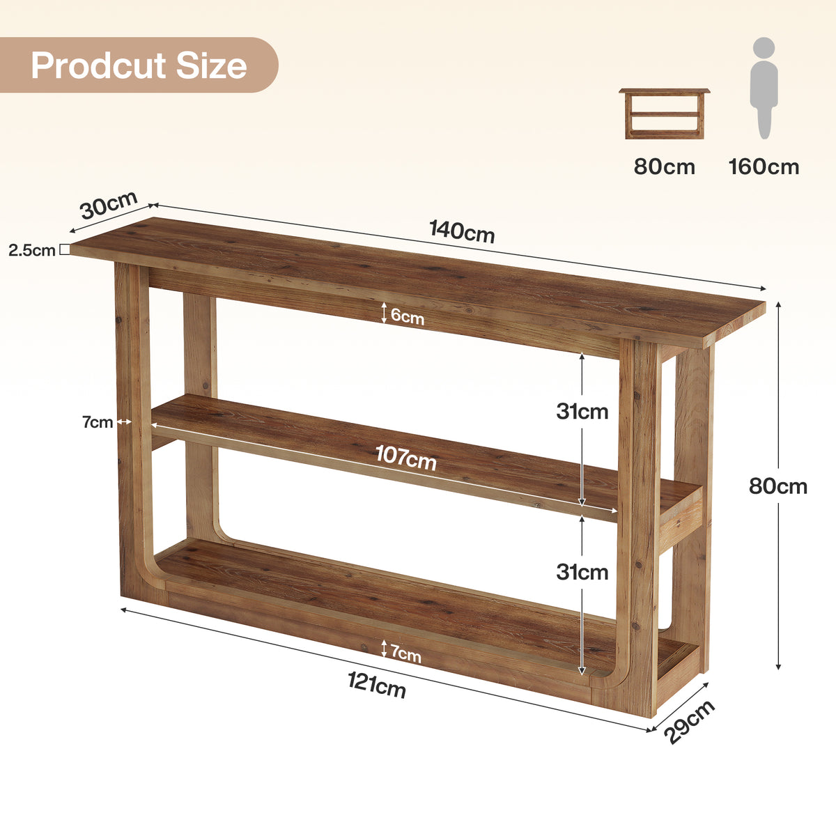 140cm Console Table, Solid Wood 3-Tier Narrow Rustic Hallway Table