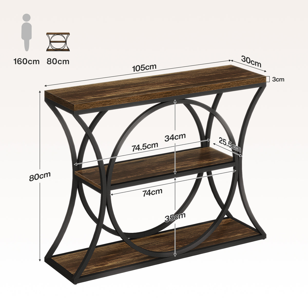 105cm Console Table, 3-Tier Industrial Narrow Entryway Table with Arched Metal Frame