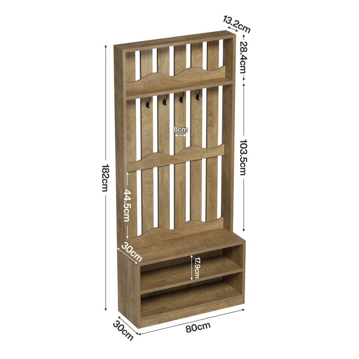 182cm Hall Tree, Farmhouse Entryway Storage with Bench & 4 Coat Hooks