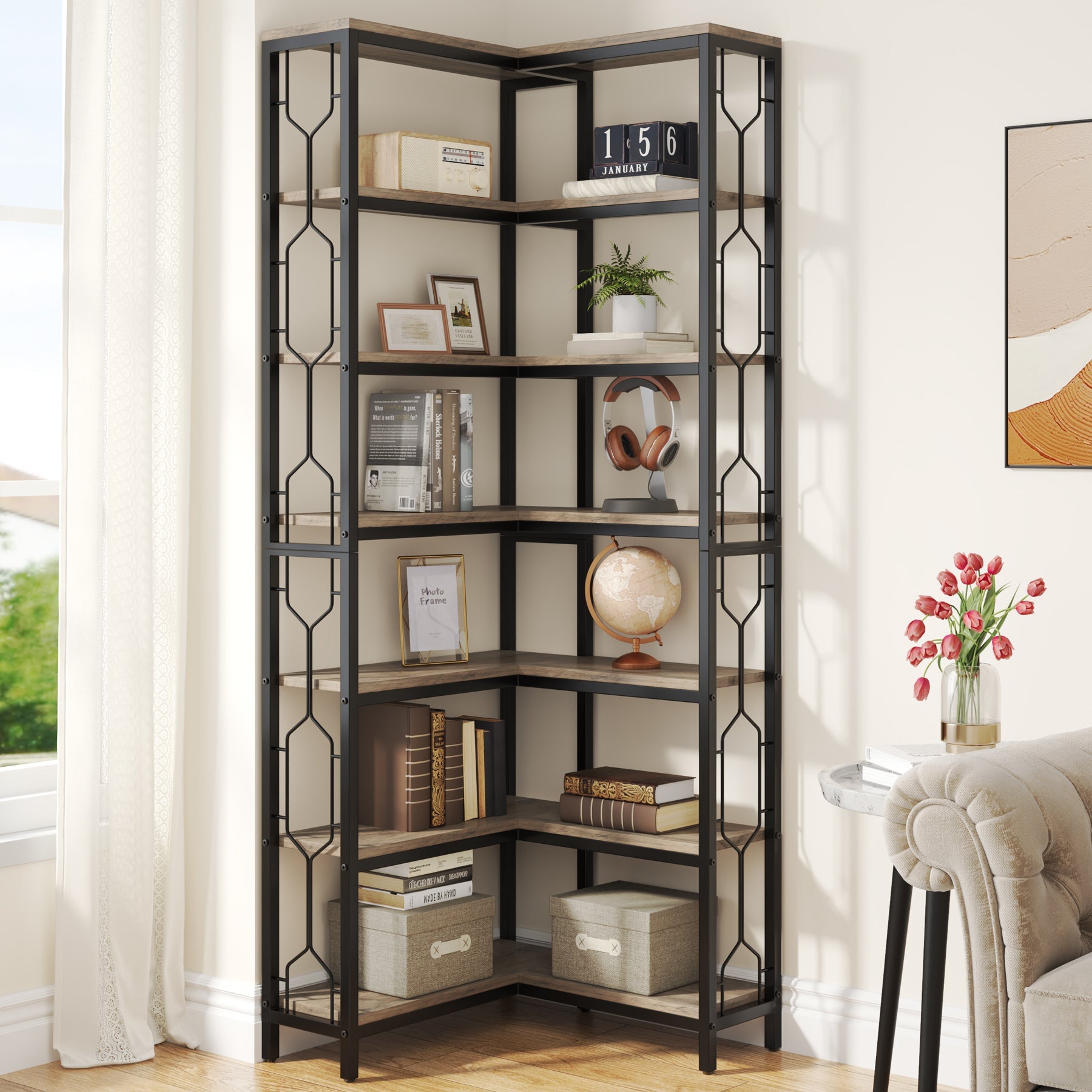 78.74“ Corner Bookshelf, 7-Tier Industrial Corner Etagere Bookcase