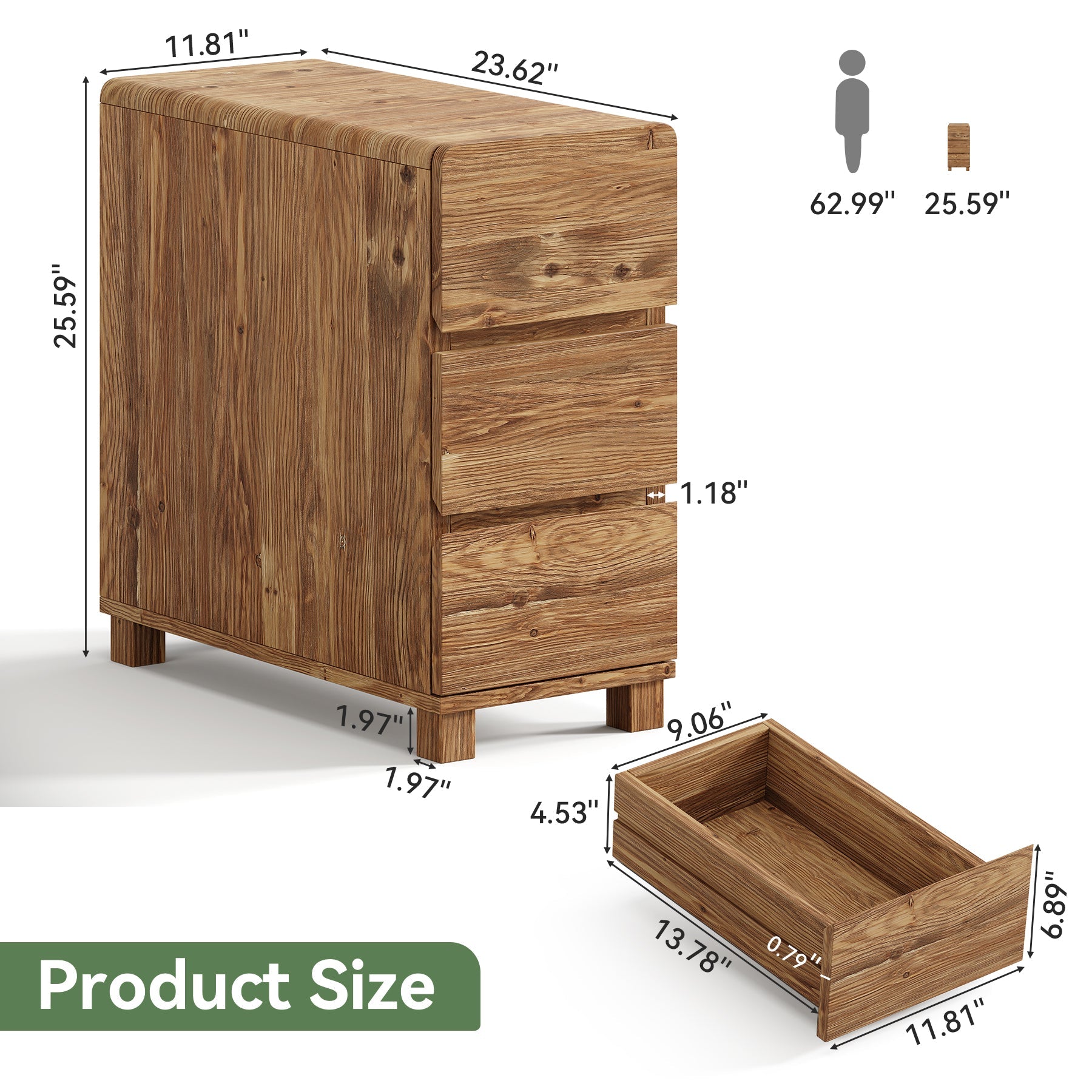 60cm 3-Drawer Nightstand, Solid Wood Bedside Table for Bedroom