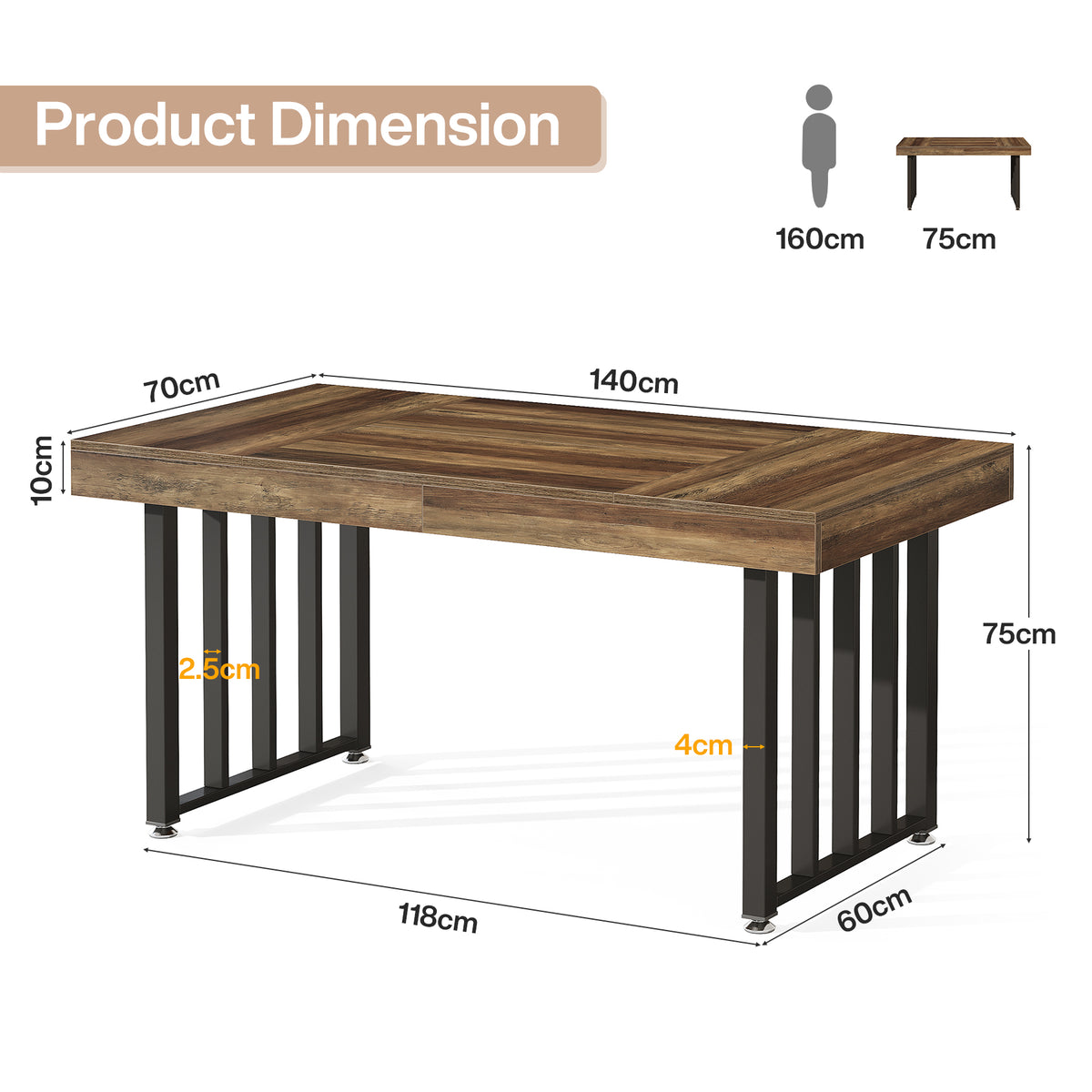 140cm Dining Table, Rectangular 4-Seater Kitchen Table with Metal Legs