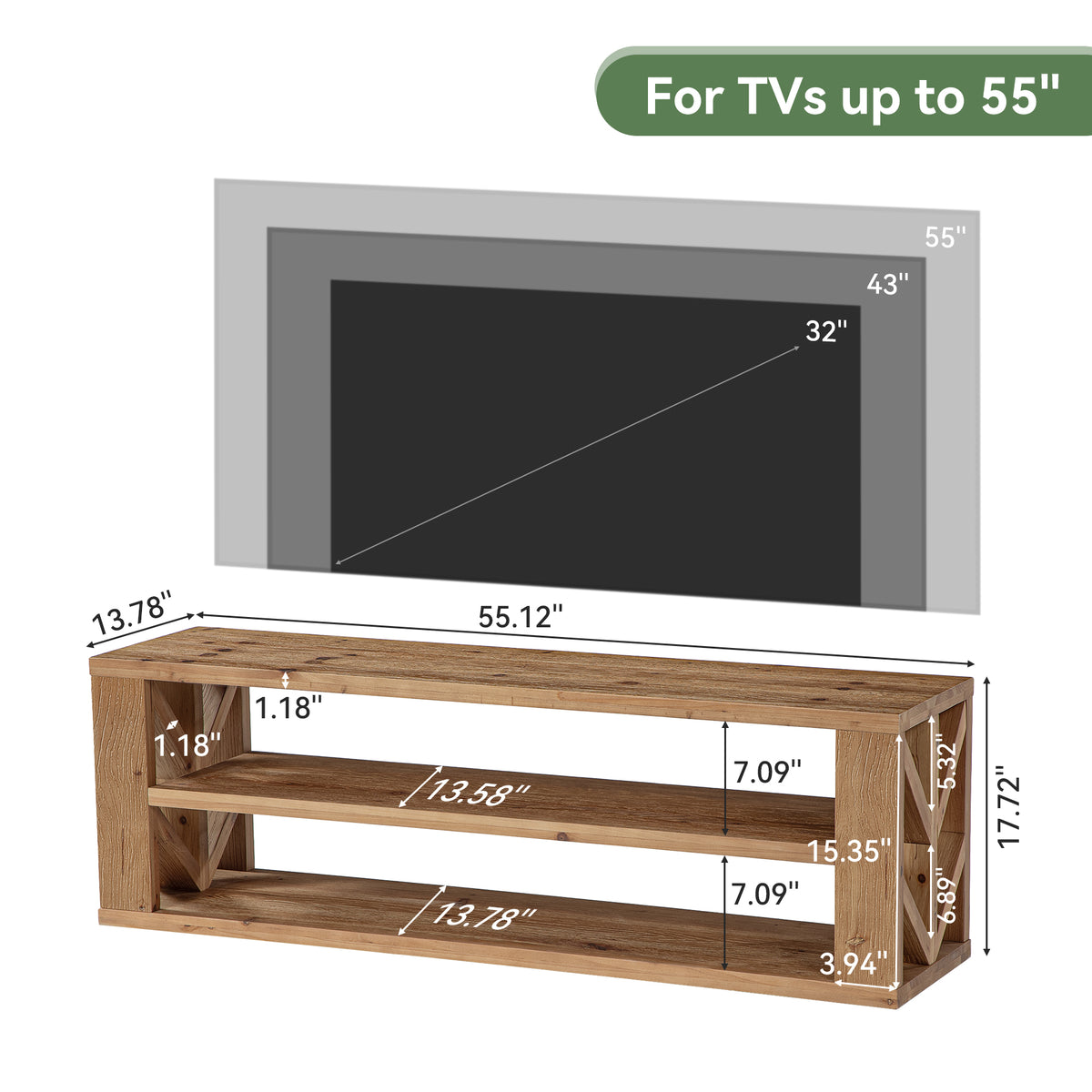 120cm TV Stand, 3-Tier Solid Wood Media Console with Open Shelf