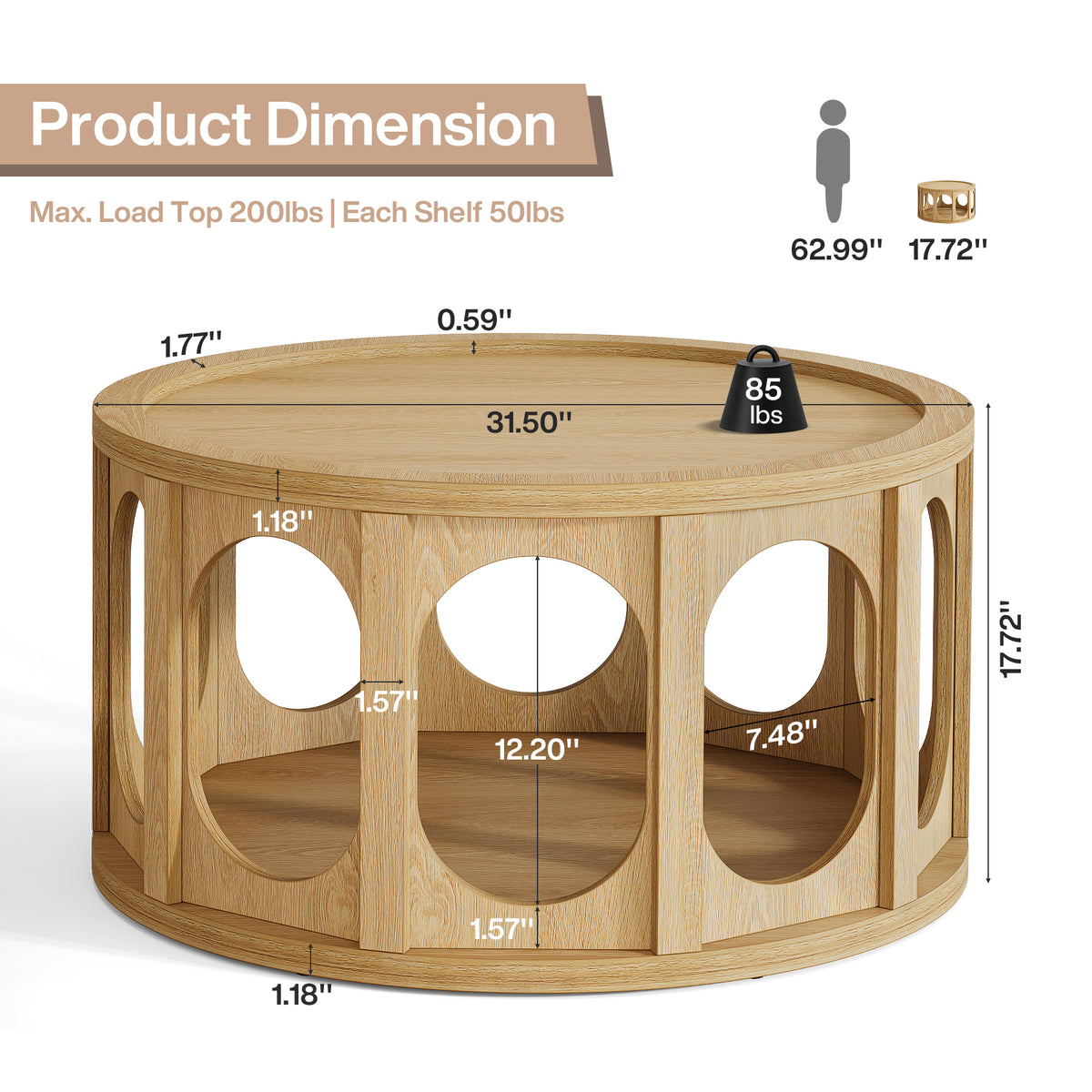 80 cm Round Coffee Table with Tray Top,Mid-Century Modern Accent Table for Living Room – Rustic Brown.
