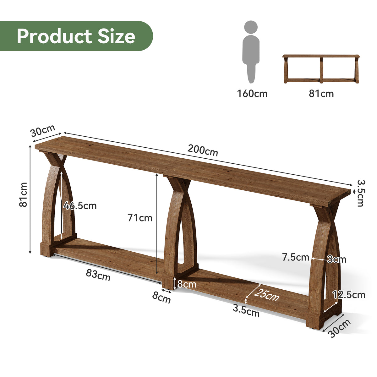 200cm Console Table, Solid Wood 2-Tier Narrow Hallway Table