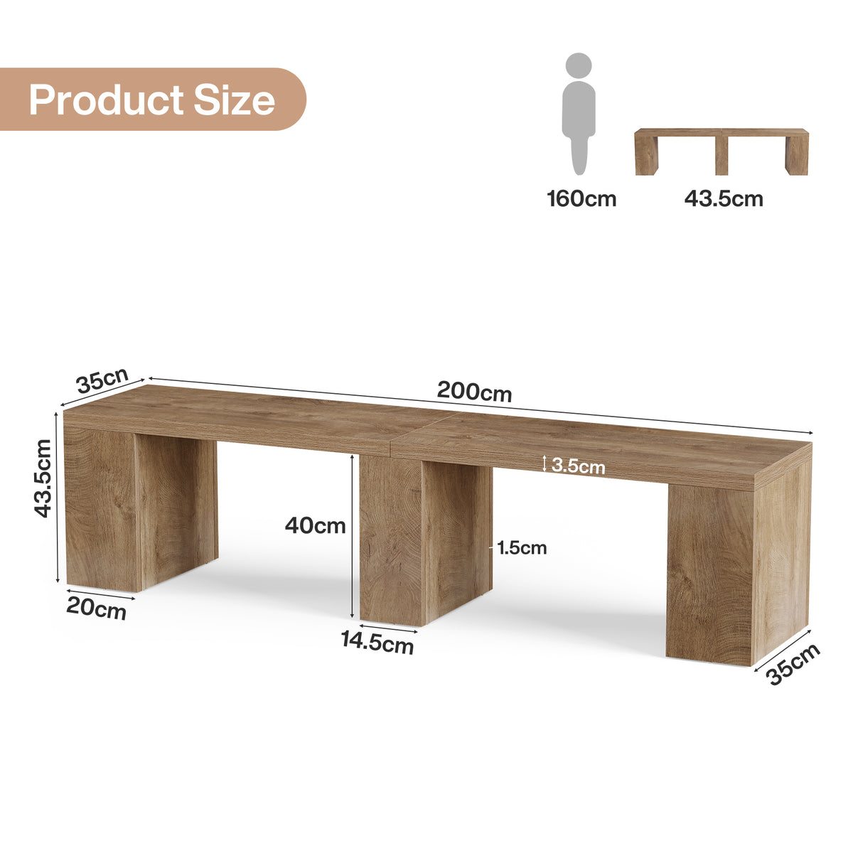 200cm Dining Bench, Farmhouse Wooden Kitchen Bench Seats 4 for Dining Room