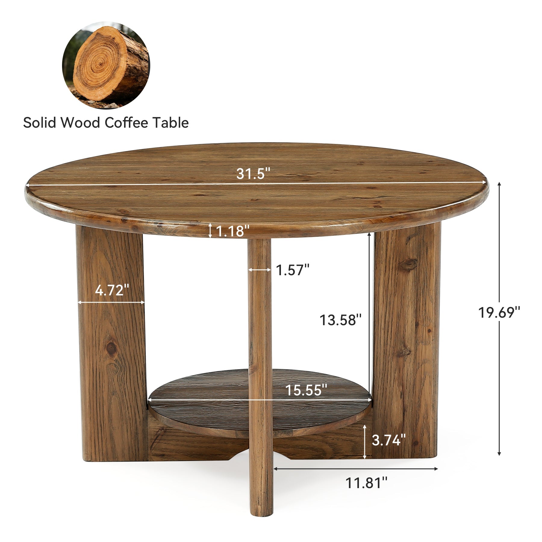 80cm Solid Wood Round Coffee Table, 2-Tier Accent Center Table with Storage