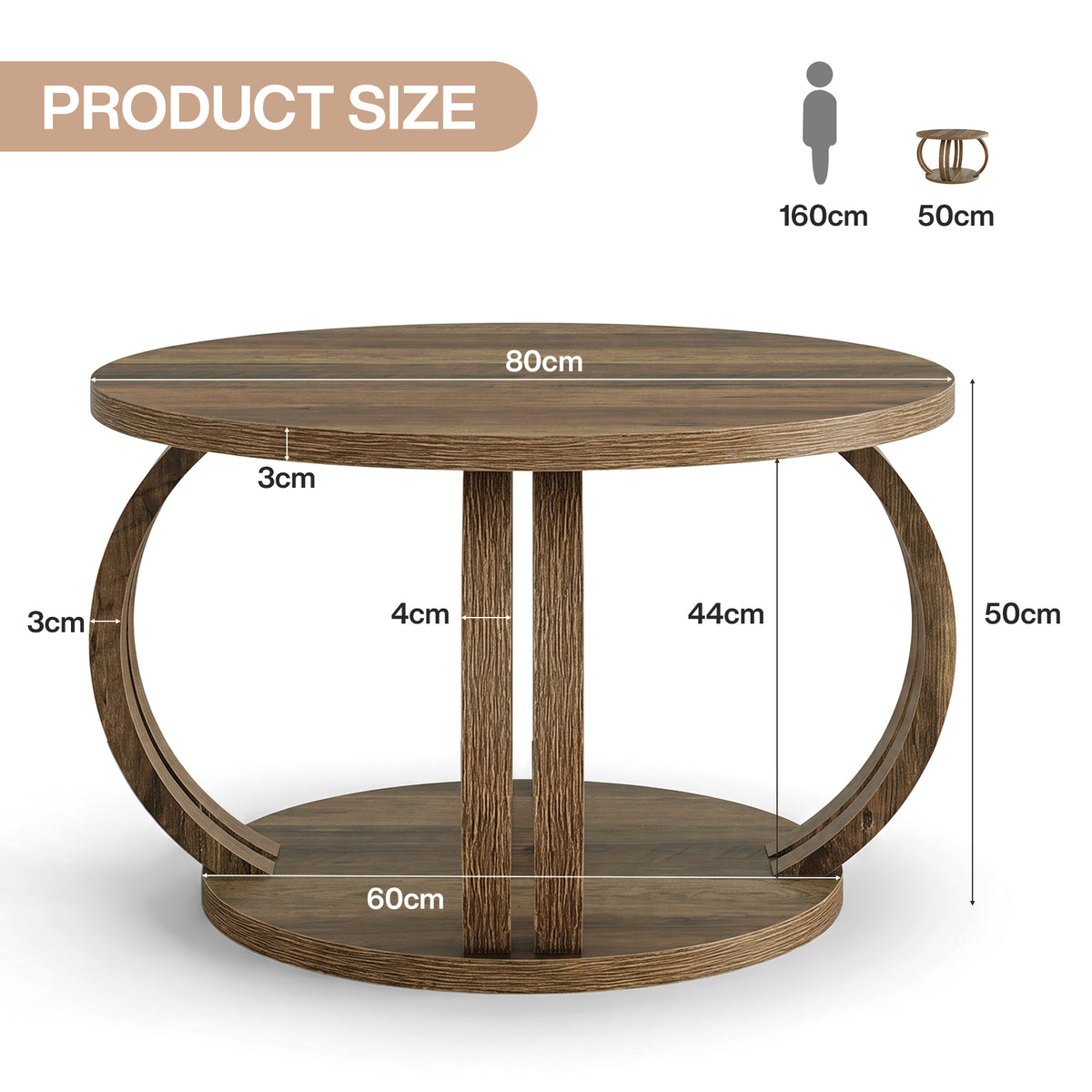 80cm Round Coffee Table, Rustic Wooden Storage Shelf for Living Room