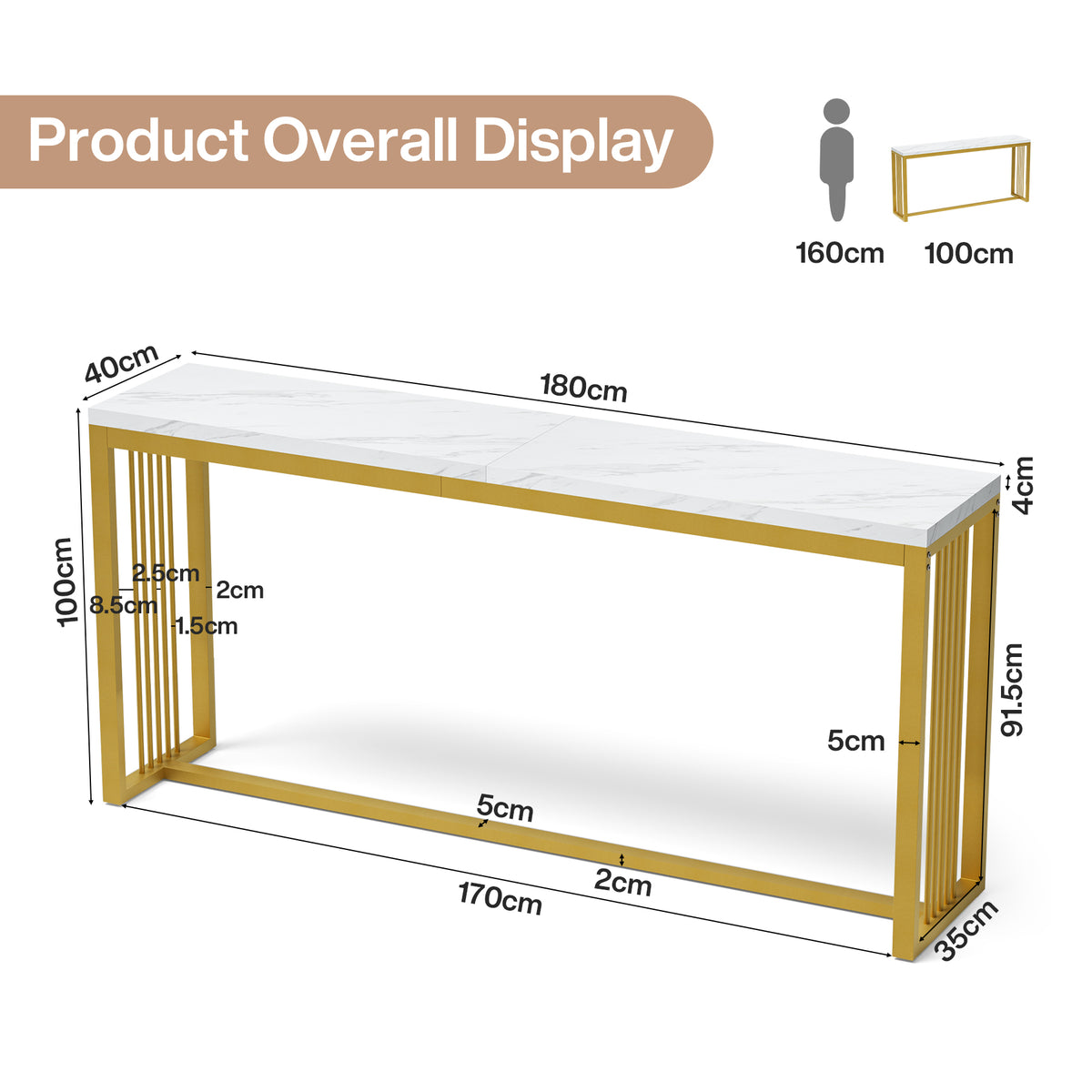 180cm Bar Table, Counter Height Pub Table with Metal Base for Narrow Kitchen Dining Room