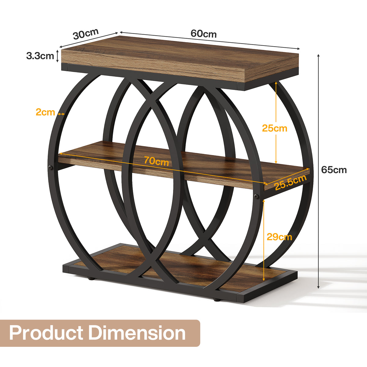 60cm Narrow Side Table, 3-Tier Industrial Metal Frame Storage Shelf