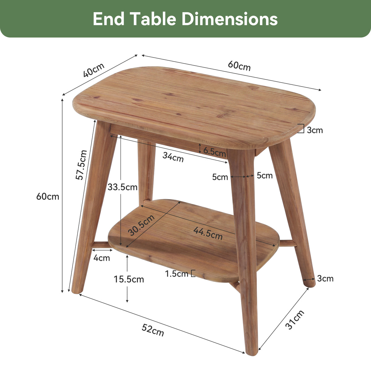 50cm End Table, Farmhouse 2-Tier Solid Wood Side Table with Rounded Corners