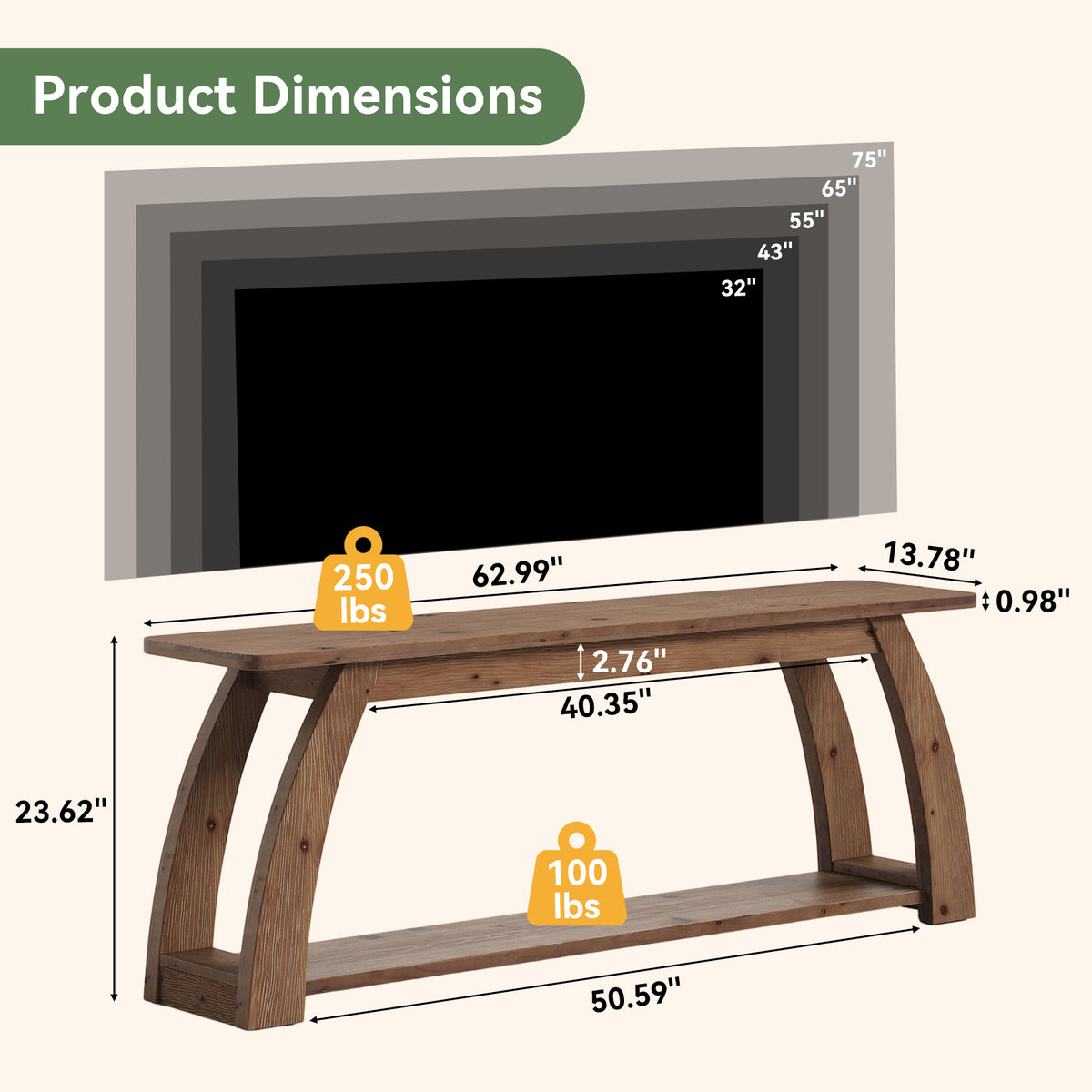160cm TV Stand, 2-Tier Solid Wood Entertainment Centre with Open Storage for up to 75" TVs
