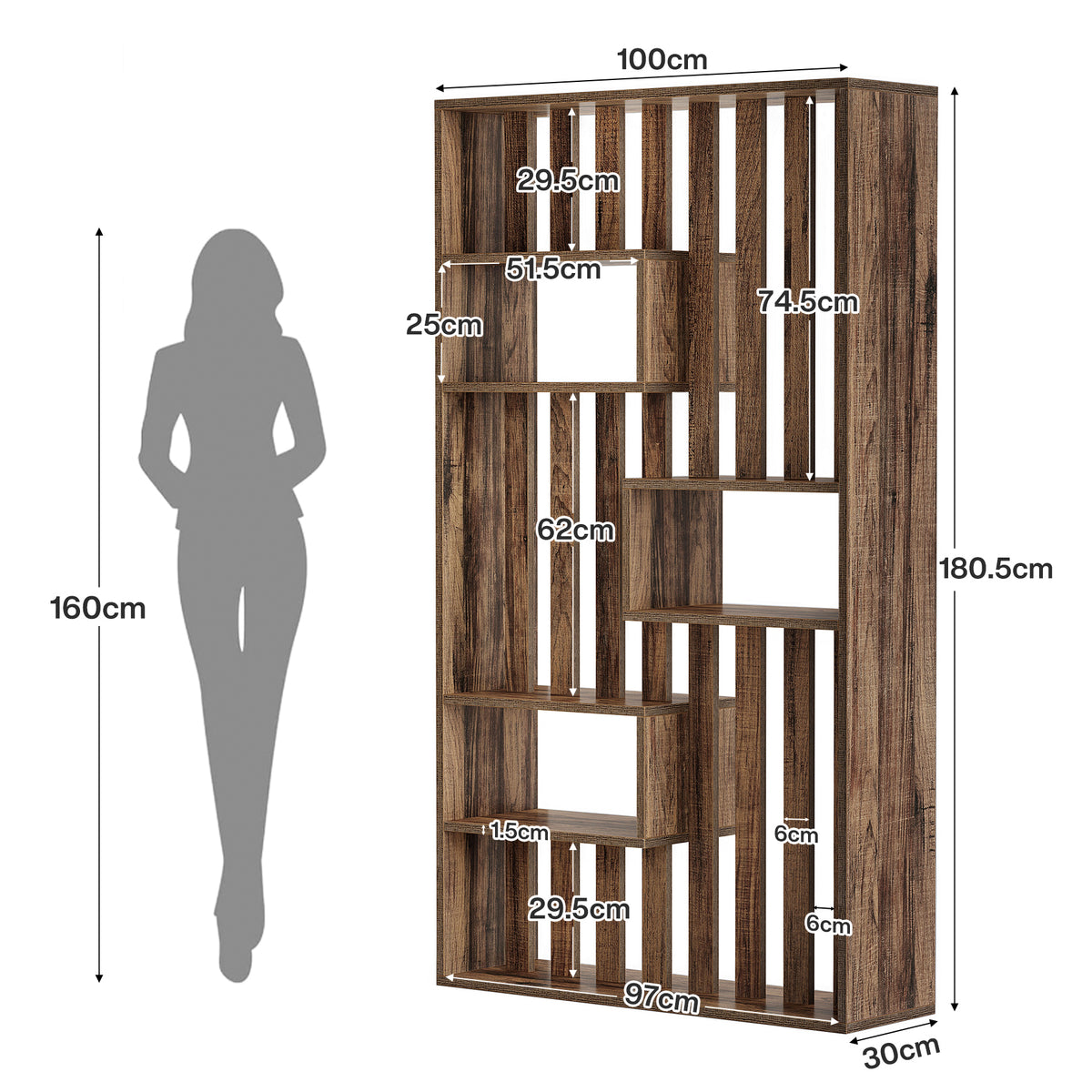 180cm Room Divider, Freestanding Slatted Partition with Built-in Shelves