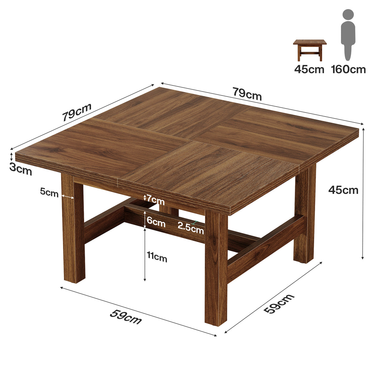 79cm Square Coffee Table, Sturdy Wooden Living Room Table