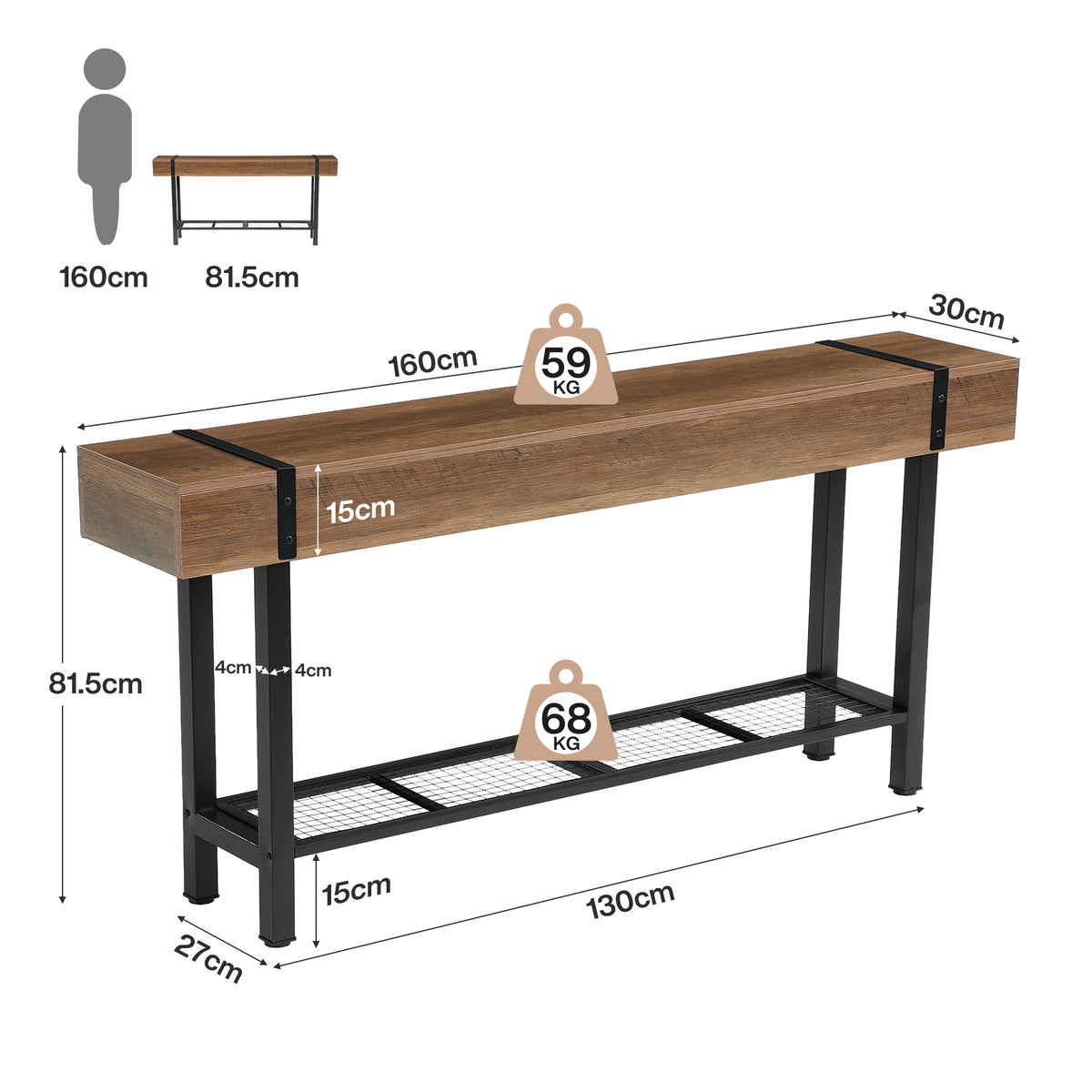 160cm Console Table, Industrial 2-Tier Behind Couch Sofa Table for Entryway Living Room
