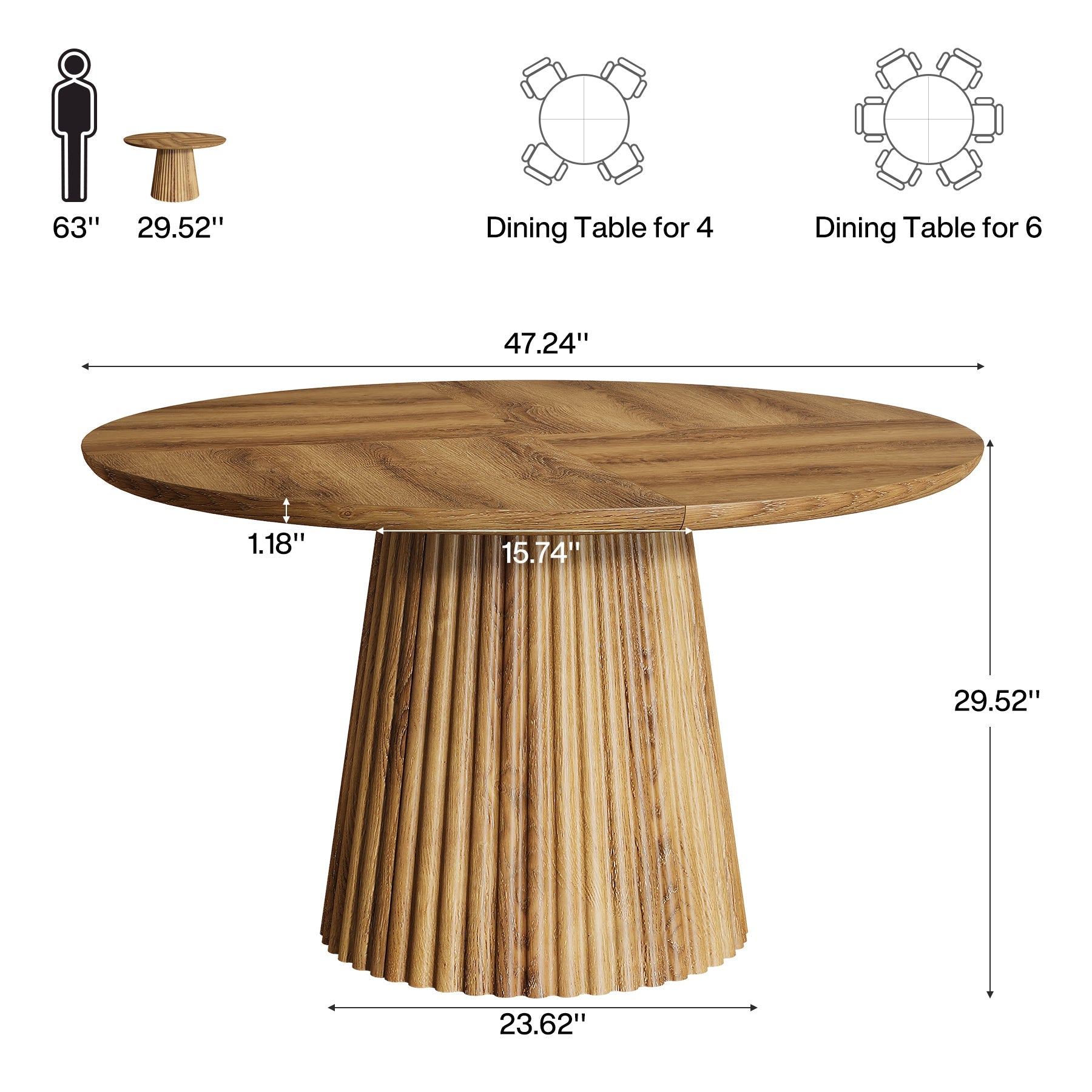 47.24" Round Dining Table, Kitchen Table with Fluted Design for 4-6