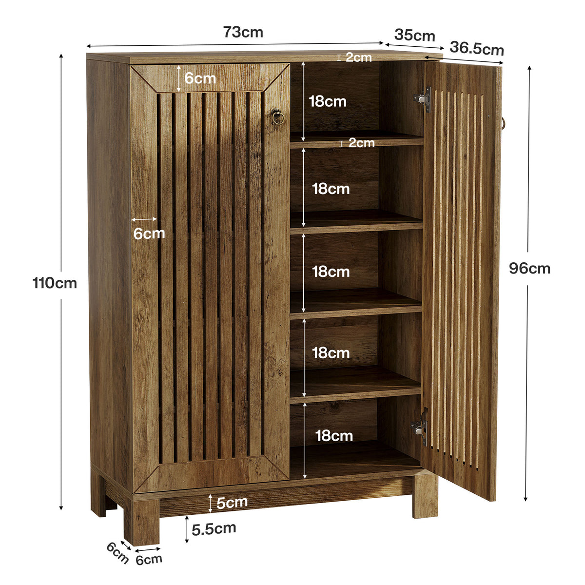 110cm Shoe Cabinet, 5-Tier Rustic Wooden Storage with Louvre Doors for Hallway Living Room