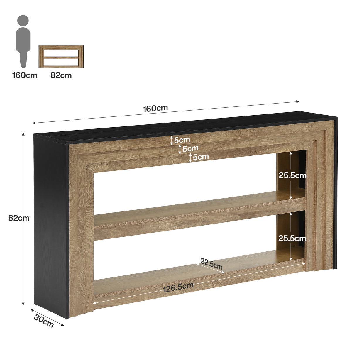 160cm Console Table, Narrow Rustic 3-Tier Open Shelf for Hallway