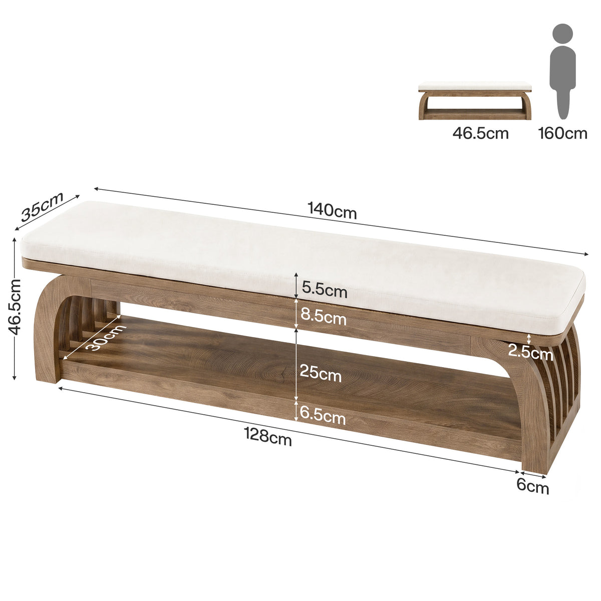 140cm Entryway Bench, Upholstered 2-Tier Shoe Storage with Hollow Legs for Hallway