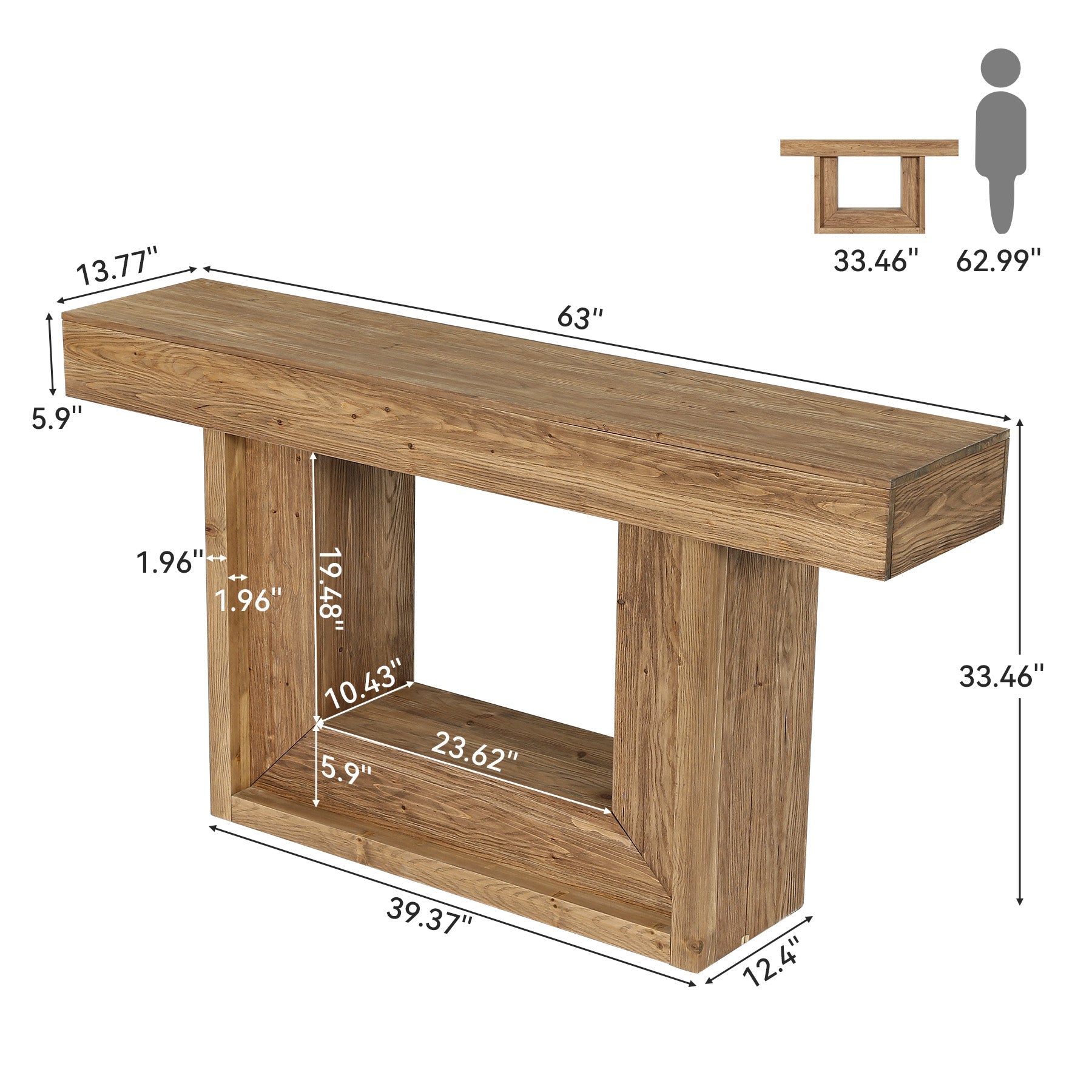 160cm Solid Wood Console Table with U-Shaped Base, Farmhouse Narrow Entryway Table with Open Storage Shelf