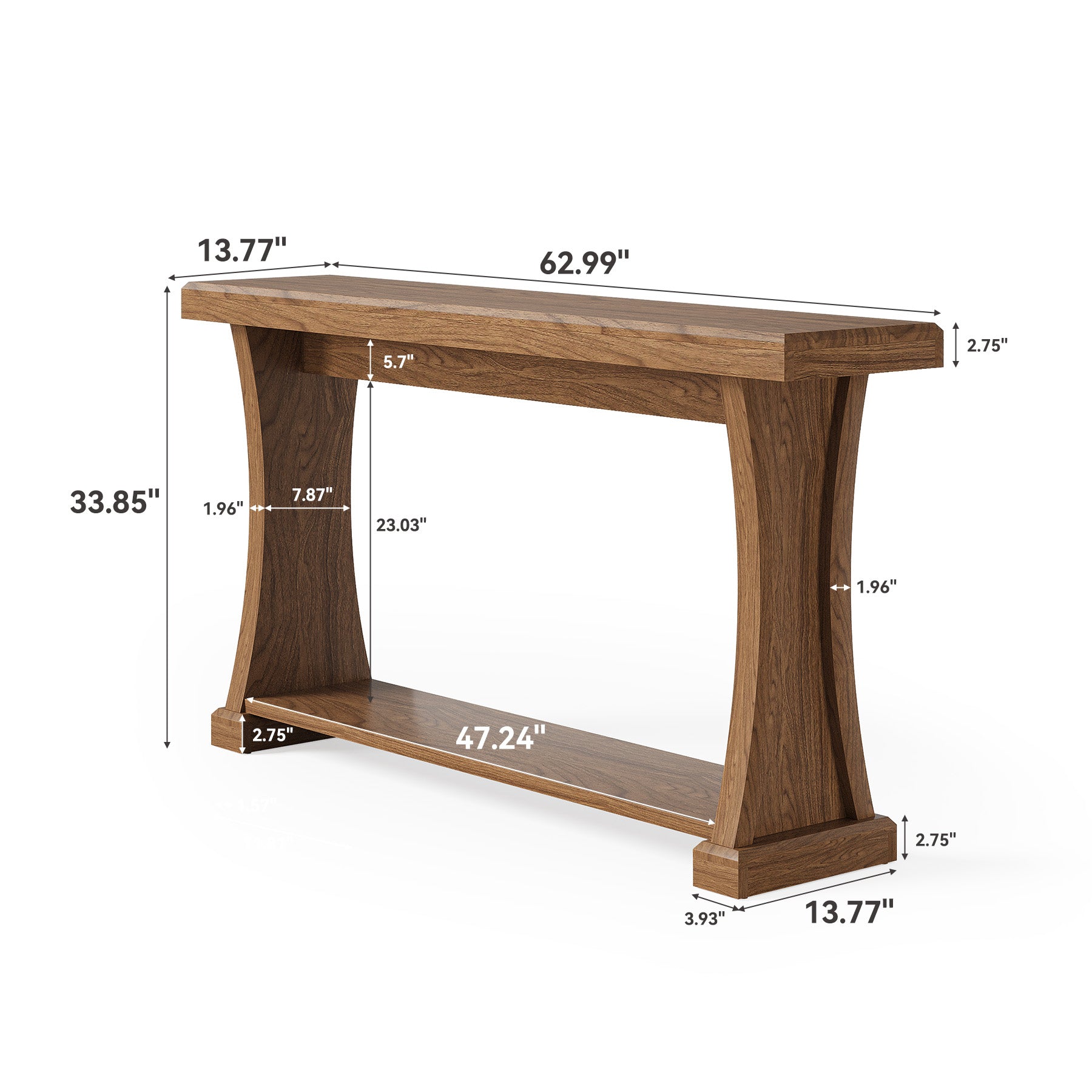 63” 2-Tier Console Table, Narrow Entryway Sofa Table with Storage Shelf