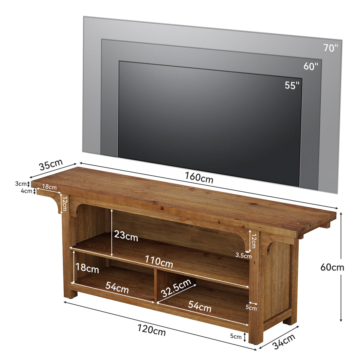 160cm TV Stand, Solid Wood Media Console with 3 Open Shelves for TVs up to 70"