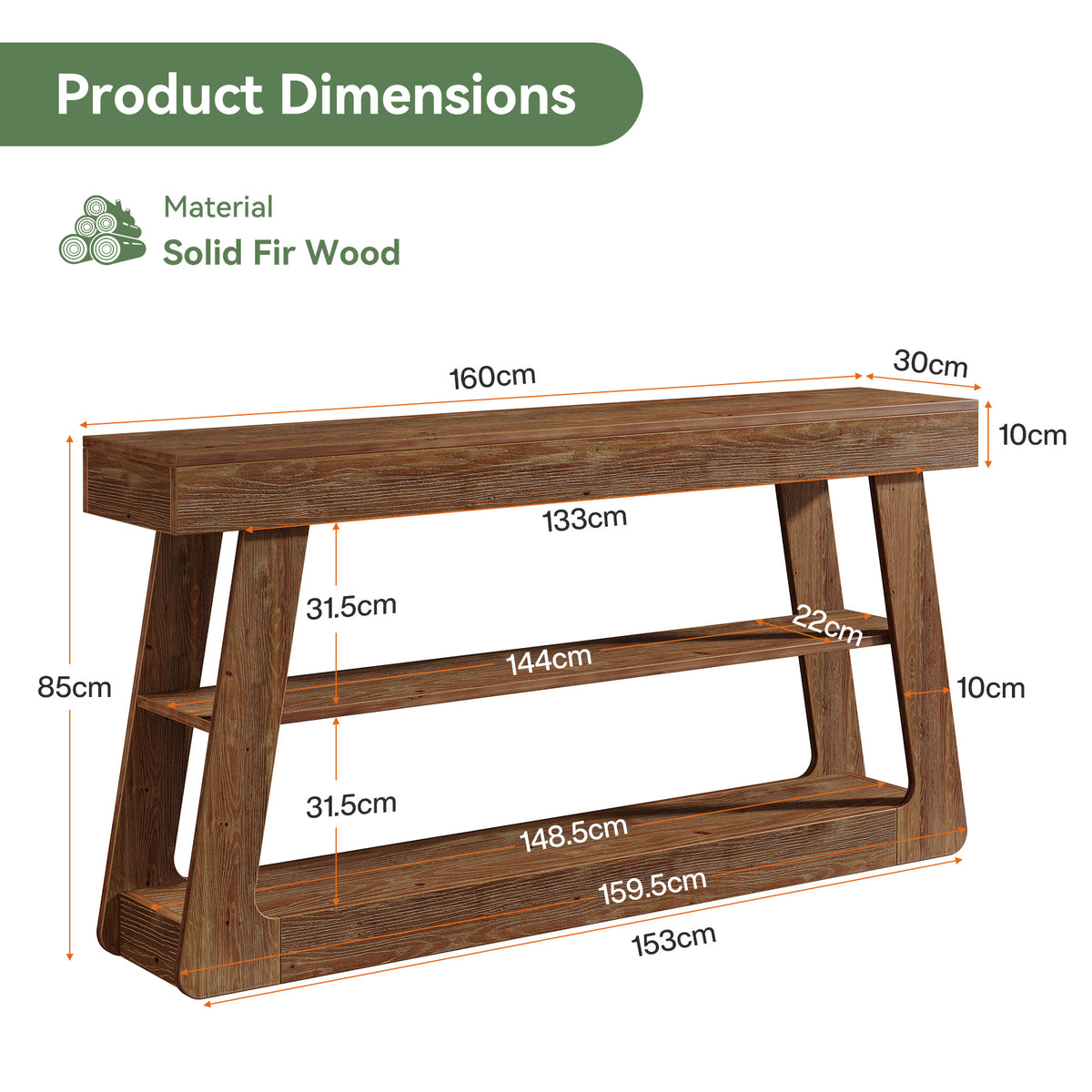 160cm Console Table, Solid Wood 3-Tier Entryway Table with A-Shaped Frame